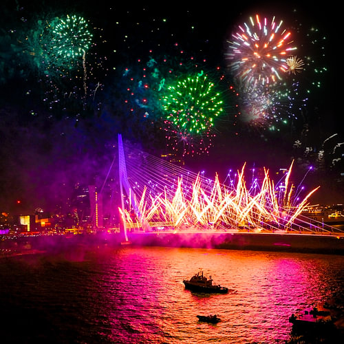 feux d'artifice, Rotterdam, pont d'Erasmus, Pays bas,