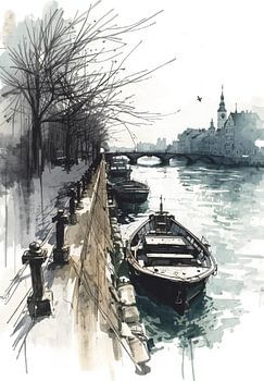 Old City Riverfront. Boats and Bridge Echo