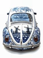 view of the rear of an old volkswagen beetle decorated with Delft blue images