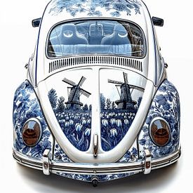 view of the rear of an old volkswagen beetle decorated with Delft blue images by Margriet Hulsker
