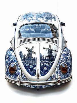 aanblik van de Achterkant van een oude volkswagen kever voorzien van Delfts blauwe afbeeldingen van Margriet Hulsker