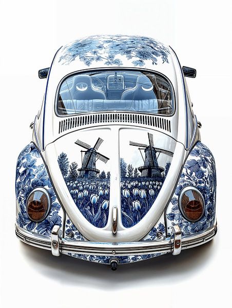 view of the rear of an old volkswagen beetle decorated with Delft blue images by Margriet Hulsker