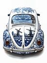 view of the rear of an old volkswagen beetle decorated with Delft blue images by Margriet Hulsker thumbnail