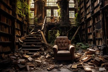 Sessel in einer Alten Bücherei, Lost Places Art von Animaflora PicsStock