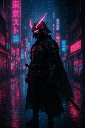 Cyber Samurai in Neon Tokyo Alley