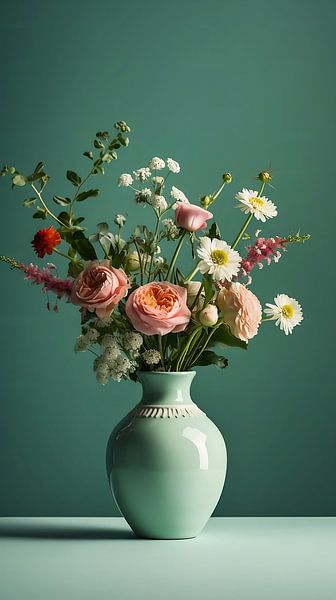 Flowers in a pastel green vase by Dunto Venaar