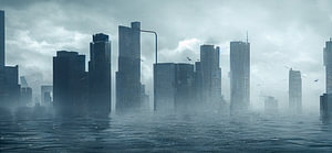 Panorama Skyline einer Stadt versinkt im Meer