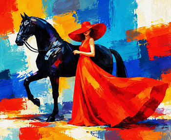 Elegante vrouw in het rood met een zwart paard – Opvallend schilderij met kleurblokken