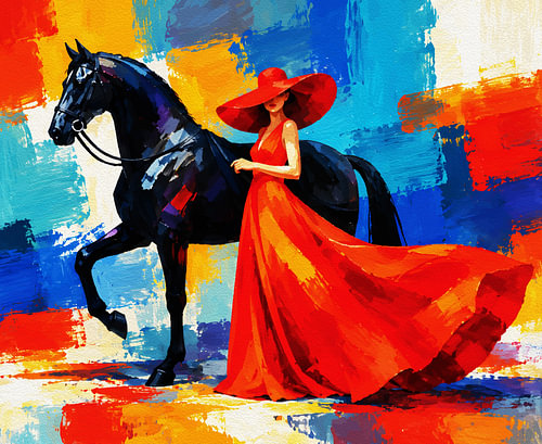 Elegante Frau in Rot mit schwarzem Pferd – auffälliges Color-Block-Gemälde