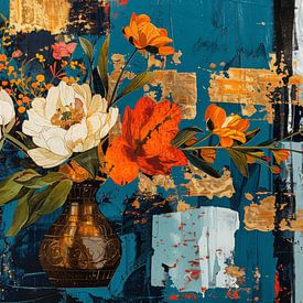 Stilleven met bloemen en goud op een abstracte achtergrond van Dutch Art Works