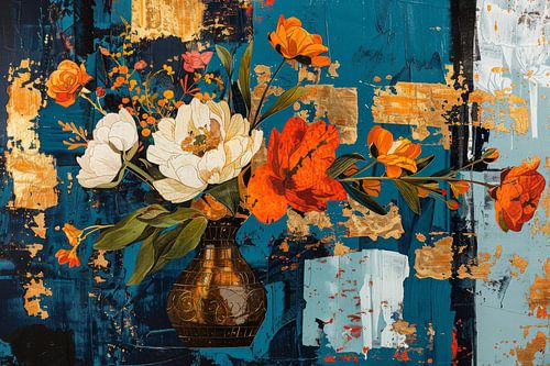 Still life with flowers and gold on an abstract background