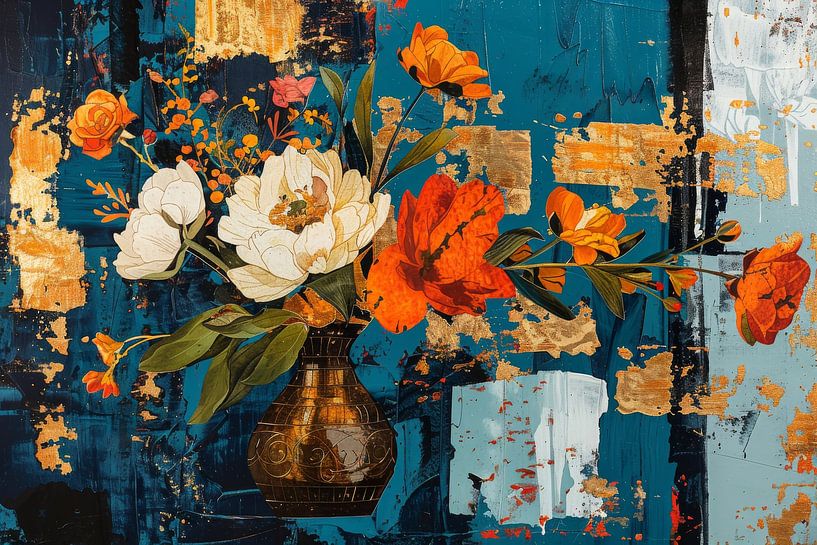 Still life with flowers and gold on an abstract background by Dutch Art Works