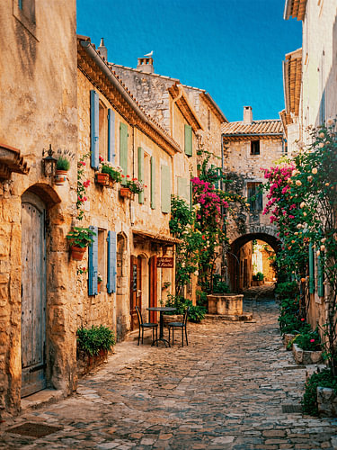 Petite rue ensoleillée et idyllique du sud de la France, avec une terrasse pleine de charme