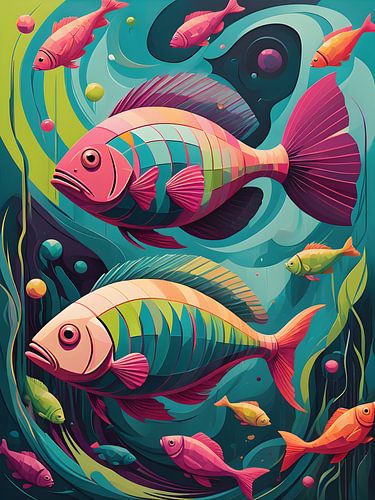 Des poissons pop-art nagent dans des vagues surréalistes