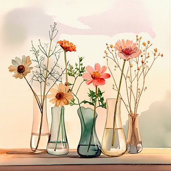 Elegant painting: row of vases with field flowers
