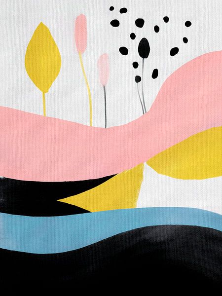 Collage einer abstrakten Landschaft in Senfgelb, Schwarz, Rosa und Gelb. von Studio Pieternel