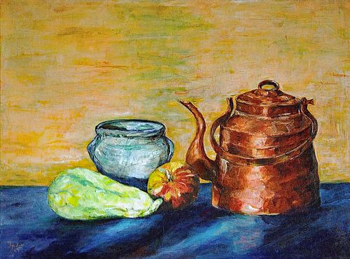 Stillleben mit altem Kupferteekessel.