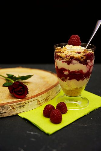 Dessert met yoghurt, dessert met yoghurt, roomkaas, frambozen, koekjes en room