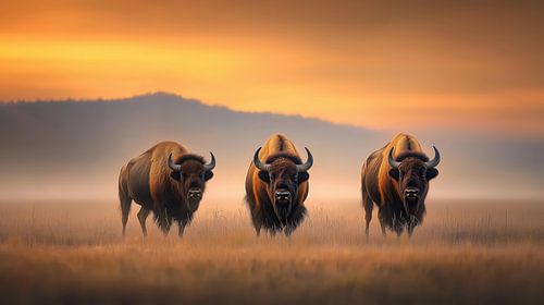Three Majestic Bison Grazing at Sunset in the Wild