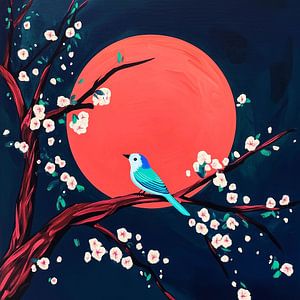 Blue bird under the red moon and blossom branches