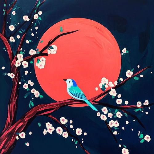 Oiseau bleu sous la lune rouge et les branches fleuries