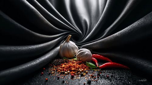 rode pepers - knoflook - limoen - citroen op een zwarte achtergrond met dramatisch licht