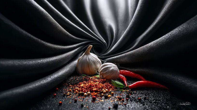 red peppers - garlic - lime - lemon on a black background with dramatic light by Gelissen Artworks