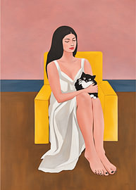 Minimalist Woman with Cat in Yellow Chair, Modern Figurative Pop Art Print by Hecate Pim