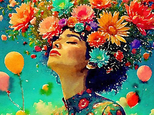 Vrouw met bloemen op haar hoofd