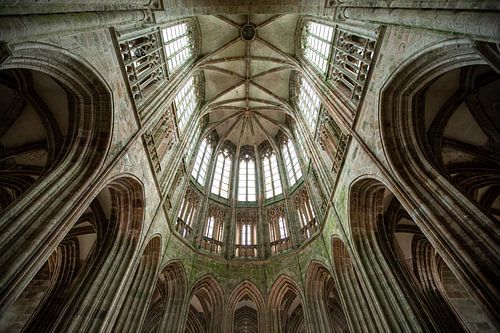 A close-up of the architecture of the cathedral in Mont Saint Michel in France. Wout Cook One2exhibi
