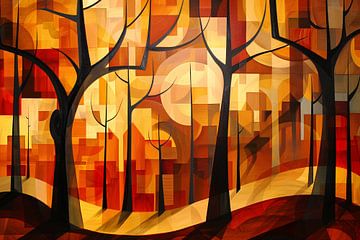 Stedelijke bomen in abstracte herfstkleuren van De Muurdecoratie