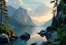 Lac de montagne et rive rocheuse au coucher du soleil sur Markus Gann