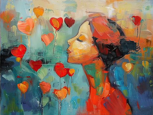 Femme avec cœurs | Femme et cœurs colorés dans l'air