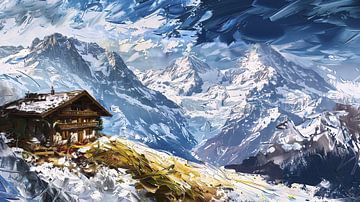Hut met uitzicht op majestueuze, besneeuwde bergen van Frank Heinz