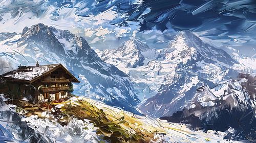 Hut met uitzicht op majestueuze, besneeuwde bergen