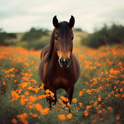 Paard in een bloeiende wei
