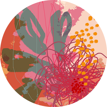 Kleurrijke bloem. Moderne abstracte botanische kunst in roze, groen, oranje, geel. van Dina Dankers