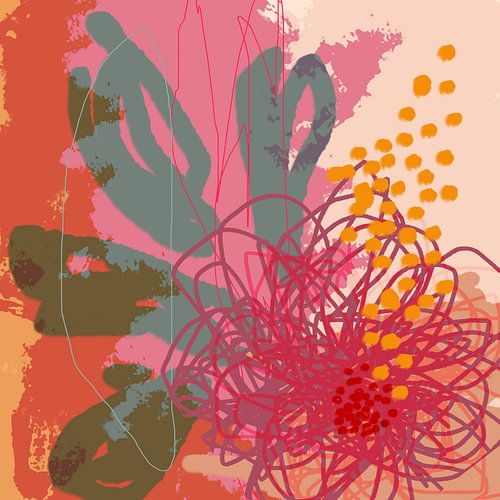 Fleur colorée. Art botanique abstrait moderne en rose, vert, orange, jaune.