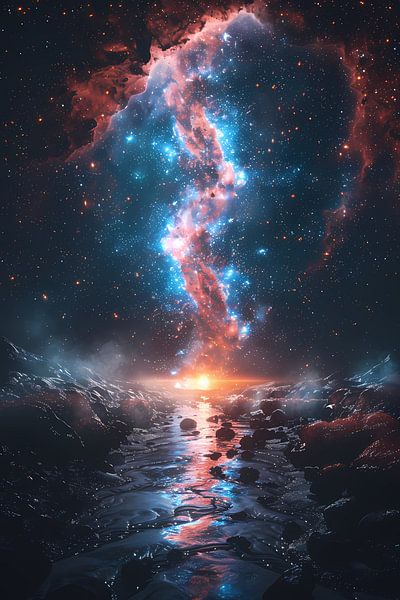 Kosmische rivier bij zonsondergang op buitenaardse planeet van Art & Soul Creations