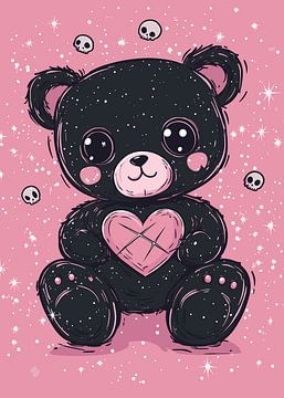 Zwarte teddybeer met hart en doodshoofden van Pixelbull Design
