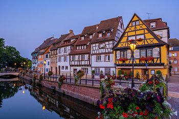 Colmar France during evening,Petite Venice, water canal, and traditional half timbered houses