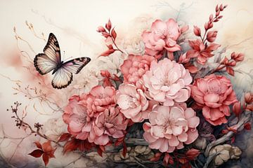 Vlinder met bloemen van Digitale Schilderijen