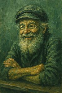 Verhalen van de zee (schipper glimlach karakter ruig mannelijk groen zeeman portret schilderij)