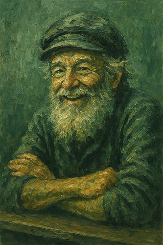Verhalen van de zee (schipper glimlach karakter ruig mannelijk groen zeeman portret schilderij)