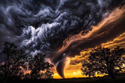 Dramatique tornade au coucher du soleil