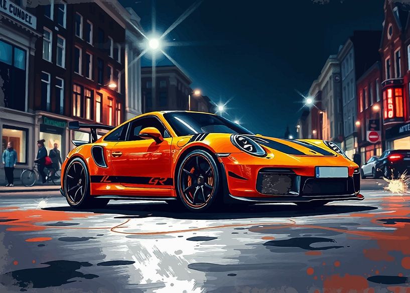 The Porsche 911 GT3 RS Orange and Black with Cityscape by MIROKKU