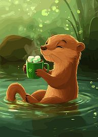 Glücklicher Otter mit Tasse Kakao im Waldsee