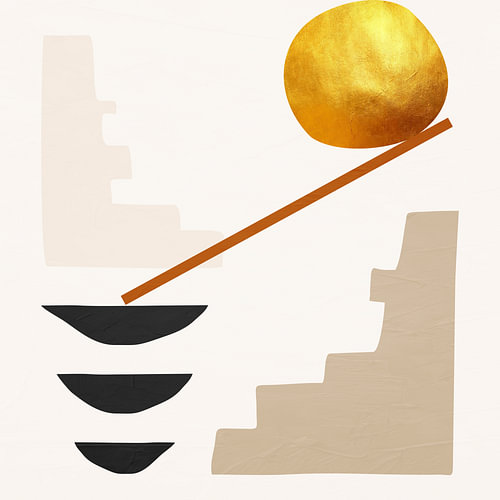 Minimalistische abstrakte Kunst mit organischen Formen, Erdtönen und Gold