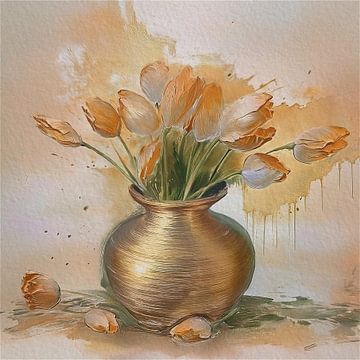 Modern Stilleven schilderij. Boeket Hollandse tulpen in gouden vaas van Studio Pieternel