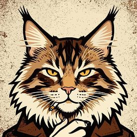 Wandbild mit Maine-Coon-Katze – „Dapper Dandy Maine Coon“ – Anthropomorphe Kunst im Vintage-Stil von MIROKKU